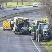 The scene of a serious crash involving a school bus and tractor near Keighley