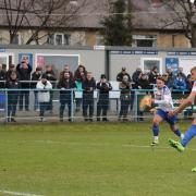 Guiseley AFC winger Lewis Whitham taking a penalty for his side in February of this year