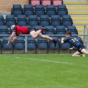 Baildon scrum-half Tom Parnell flies over in the corner to score what proved to be the decisive try in their Yorkshire Shield final win over Bradford Salem.