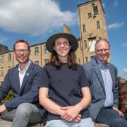 She Who Dares Wins founder Michelle Hands, at Sunny Bank Mills, with (l-r) co-managing directors John and William Gaunt