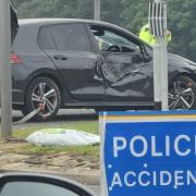 The police scene at Horsforth roundabout this morning after a crash was involved in a crash
