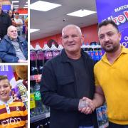 Bradford shopkeeper Rash Khan (far right) won a Cadbury competition which meant Bradford City legend Dean Windass visited his store