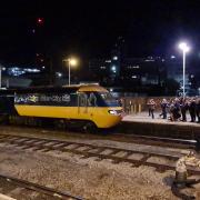 A large number of enthusiasts watch the HST at Sheffield Station