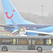 The TUI flight which had to be evacuated shortly after landing and ending up on the grass at Leeds Bradford Airport.