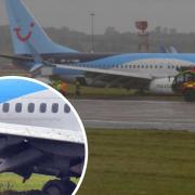 A TUI plane veered off the runway at Leeds Bradford Airport during Storm Babet
