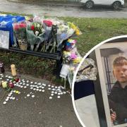 Floral tributes to Alfie Lewis, pictured in the inset