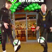 The Lord Mayor of Bradford Councillor Gerry Barker and Bantams goalkeeper Harry Lewis doing some keepy-uppies