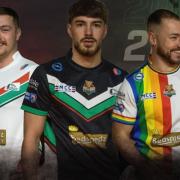 The Cougars players don the 2024 home, away and Pride shirts, from left to right.