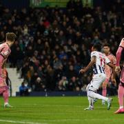Grady Diangana (third right) turns home the winner for West Brom just before the break on Friday night.