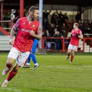 Thackley player/joint-manager Tom Greaves wheels away after scoring their derby winner against Eccleshill on Saturday.