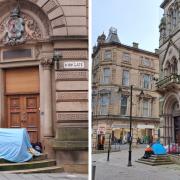 Tents outside the former Santander bank (left) and the former NatWest (right) in Bradford