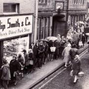 The stand pie queue at Philip Smith Butcher Bradford in 1969