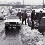 Stranded traffic up Wakefield Road in 1978