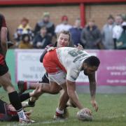 Keenen Tomlinson crosses the line to score for Keighley against London Broncos last season.