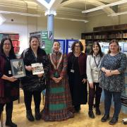 L-R: Caroline Brown, Sharron McColl, Local Studies Supervisor at the Carnegie Library in Dunfermline, Irene Lofthouse dressed as Mrs Carnegie, Dionne Hood, Janet Mawson and Angela Speight