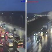 Queues on the westbound carriageway of the M62, at junction 23 (Huddersfield)