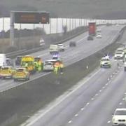 Emergency services are at the scene of a crash between Junctions 22 and 23 of the M62.