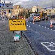 The 'Bus Lane Suspended' sign on Bridge Street in Bradford.