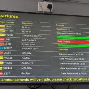 The departures screen at Leeds Bradford Airport a short time ago