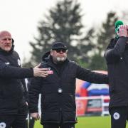 The Bradford (Park Avenue) coaching staff, including manager Danny Whitaker (right) react during the costly 2-1 home defeat against Worksop Town last month.