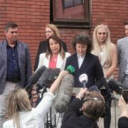 The family of PC Sharon Beshenivsky gave a statement outside court, including Paul Beshenivsky (left) and Lydia (second from right)