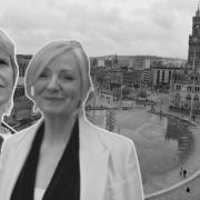 A view of Bradford in the background with former CEO of Bradford Council, Kersten England, left, and Mayor of West Yorkshire Tracy Brabin, right