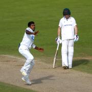 Vishwa Fernando celebrates taking a wicket for Durham against Leicestershire last season.