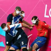 Great Britain's Daniel English (left) takes on Spain's Marcelo Rosado Carrasco (right) in the Men's Football 5-a-side Preliminary Round