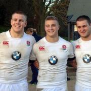 Englsand Under-20s players Paul Hill, left, and Jack Walker, centre, who havde been selected in the front for for Leeds Carnegie tomorrow. Also pictured is clubmate Lewis Boyce