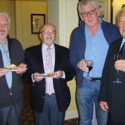 Donald Naismith (right) with friends from Belle Vue Boys' School at the launch of his book at the Midland Hotel, Bradford
