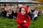 Fed-up children outside their damaged Baildon CE Primary School