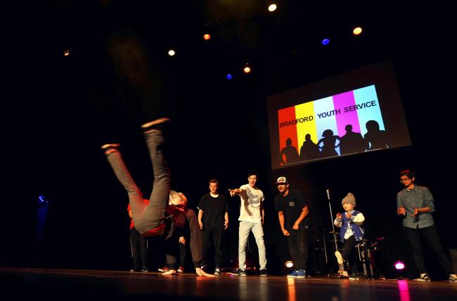 Breakdancers perform at the Bradford Youth Service celebration event at St George’s Hall
