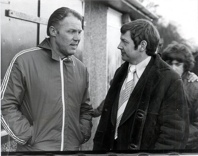 Stewart Willingham, right, seen chatting to former Barcelona manager Rinus Michels, was a long-serving secretary at Thackley