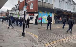 Fighting erupted in Darlington town centre between rival football fans. Picture: Twitter.
