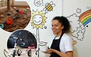 Chantelle Buck-Forrest, pictured, at her new business Happy Planet Play Centre. The wall art was painted by illustrator Yolanda Ribas.