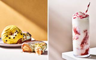 (left) Passionfruit ‘Martini’ Chouxnut and Salted Caramel and Pistachio Chouxnut and (right) Strawberries and Belgian White Chocolate Frappe Crème (Caffé Nero/Canva)