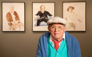 Undated handout photo of artist David Hockney with drawings from his exhibition 'David Hockney: Drawing from Life'. Picture: David Parry/National Portrait Gallery