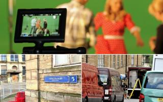 Film set for The Crown in place at Little Germany in Bradford, low left, and further scenes of film crews in Bradford city centre, right. Picture: Newsquest, Pixabay