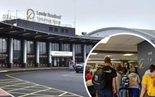 Leeds Bradford Airport, left, and queues for security at the airport on June 26, 2022