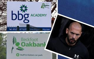 A view of BBG Academy and Beckfoot Oakbank, left, and a photo of Andrew Tate