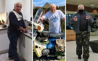 Photos of John Stanley washing up for a friend, with his Honda bike, and delivering coffee to a friend in hospital