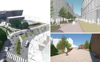 The new super crossing opposite The Alhambra Theatre, left, the pedestrianisation plan for Market Street, top right, and the concept for Bradford Interchange's new walkway, lower right