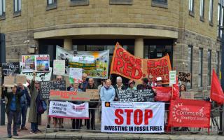 A climate change protest at West Yorkshire Pension Fund’s offices in Aldermanbury House, Bradford, last Autumn