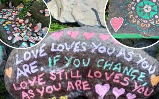 Some of the pebbles and messages at Roberts Park, Saltaire