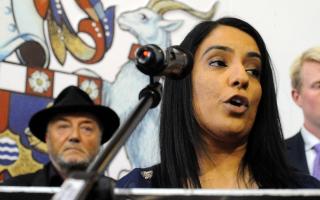 BRADFORD WEST: Labour's Naz Shah makes her victory speech as ousted George Galloway, leader of the Respect party, looks on