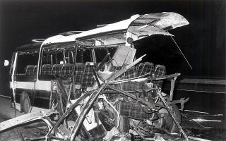 The wreckage of the coach which was bombed by the IRA on February 4, 1974