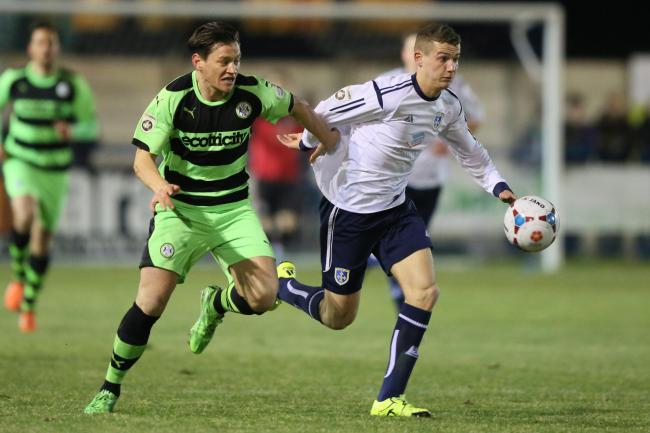 Action from Guiseley's home defeat to Forest Green Rovers in the National League. Picture: Thomas Gadd