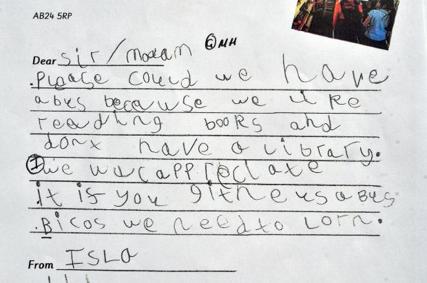 Bradford Telegraph and Argus: One of the letters written by pupils from Farfield Primary School to bus companies appealing for a vehicle to be used as a library at the school