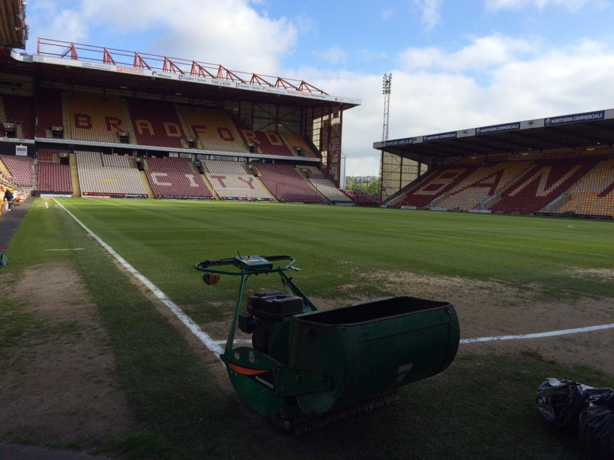 The final mow of the Valley Parade pitch at about 9am this morning