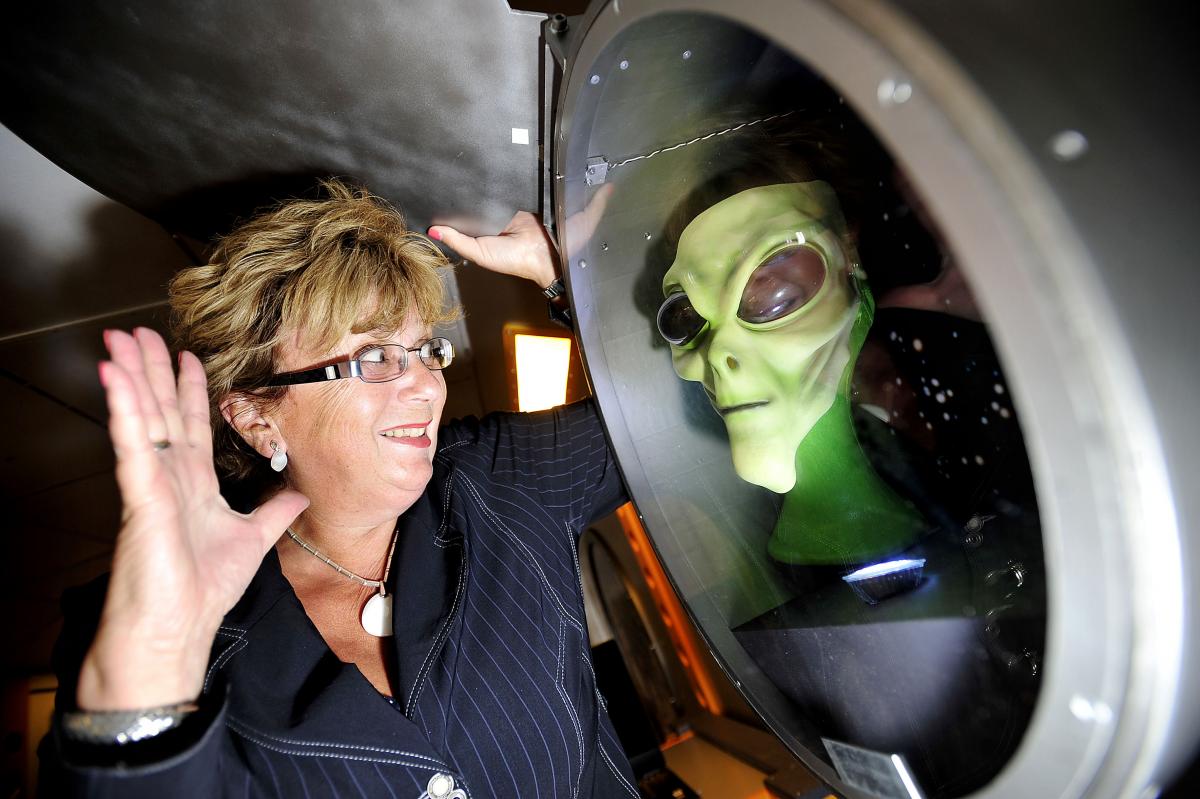 Bradford College principal Michelle Sutton meets one of the space bus's inhabitants